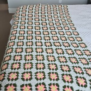 Handmade Vintage Crochet Blanket - Green, Pink, White